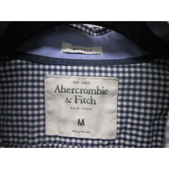 Abercrombie & Fitch Muscle Style-Navy Gingham Mens Button Up Dress Shirt Medium - Picture 4 of 6